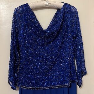NWT J Kara Women's  3/4 Sleeve Geo Beaded Gown royal blue